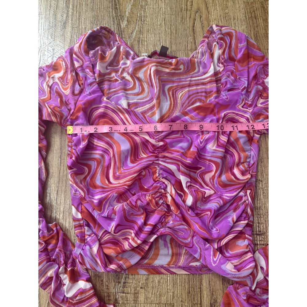Almost Famous Mesh Ruched Long Sleeve Top Size M Pink Orange Swirl Psychedelic - Picture 5 of 7